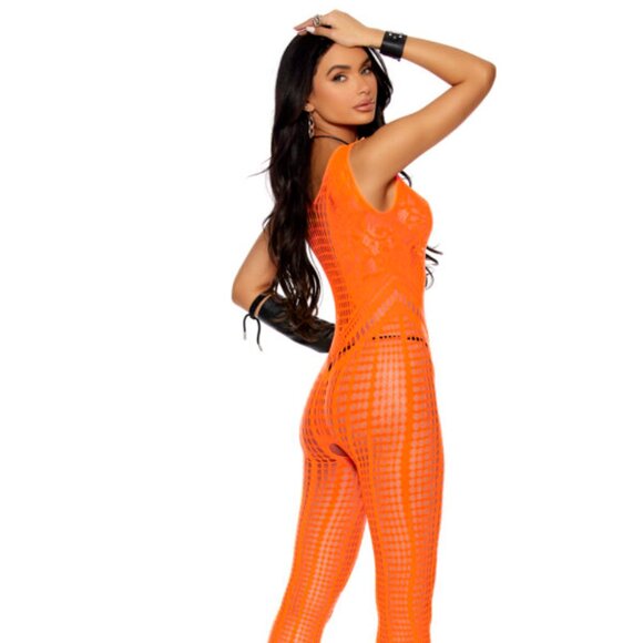 Neon Orange Crotchless Crochet Bodystocking Lingerie - Picture 2 of 5